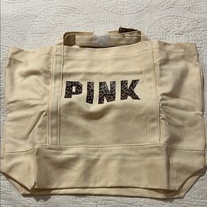 PINK Victoria's Secret Cream Canvas Tote Bag with Bold Branding. NWT